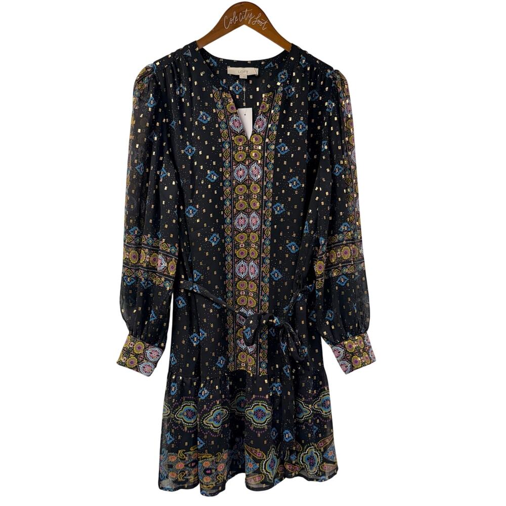 Loft Black Long Sleeve Mini Dress Baroque Floral Tiered L